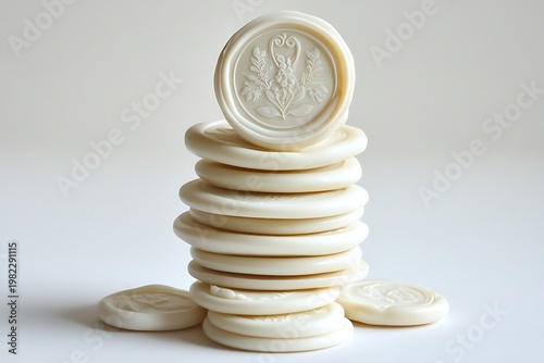 A stack of ivory wax seals with different wedding-themed designs over a white base 