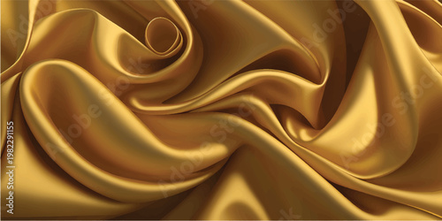 A flowing golden silk and satin fabric background features smooth luxury waves and soft curves in a liquid motion textile design
