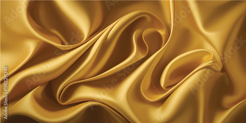 Golden silk fabric liquid texture. Realistic vector background of satin glossy cloth with abstract waves and ripples. Luxury soft smooth gold colored drapery with folds. Elegant material with wrinkles