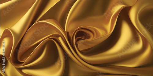 Golden silk fabric liquid texture. Realistic vector background of satin glossy cloth with abstract waves and ripples. Luxury soft smooth gold colored drapery with folds. Elegant material with wrinkles