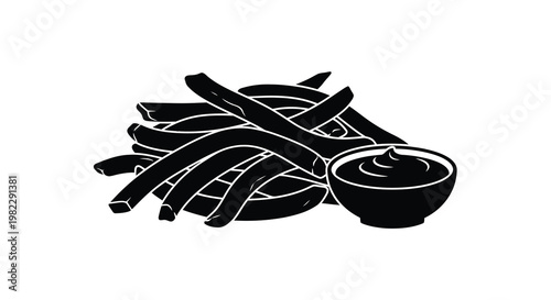 A black and white illustration depicts a pile of french fries with a small dipping sauce bowl