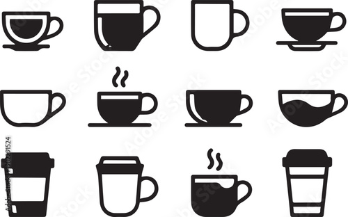 Coffee and tea cup icons collection including mugs saucers paper cups and steam elements for cafe restaurant and breakfast menu identity