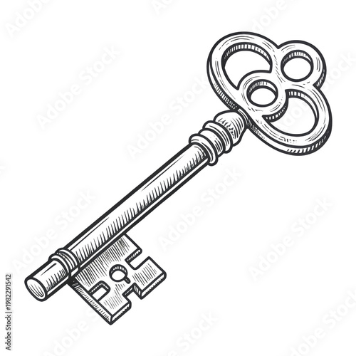 Vintage skeleton key illustration with ornate handle design isolated on transparent layer.