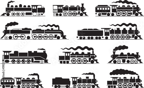 Collection of steam locomotive icons showing various train designs and compositions, vintage transportation