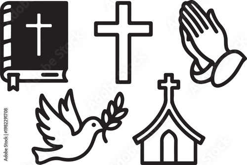 Set of christianity and religious icons including bible, cross, dove, and church, vector black illustration