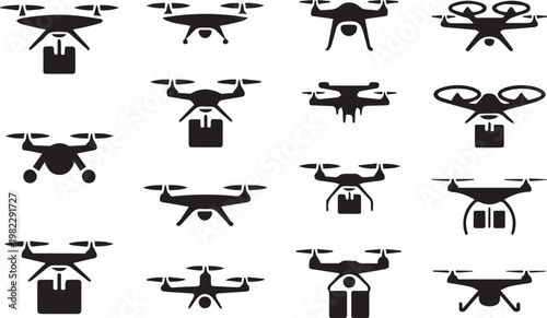 Set of drone delivery vector icons, collection of simple monochrome symbols representing unmanned aerial vehicles and packages