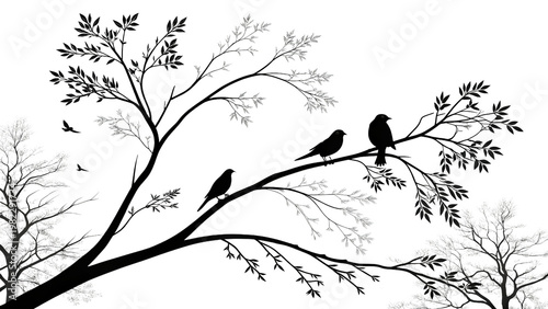 Birds on tree branches, silhouette illustration on gray checkered background, nature scene.