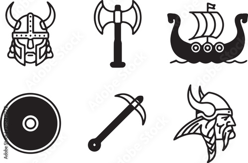 Viking themed icons set, featuring helmet, axe, longship, shield, pickaxe, and warrior profile, vector
