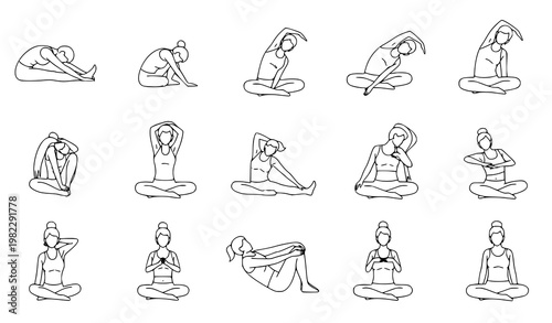 Seated stretching exercise vector line art fitness wellness illustration set