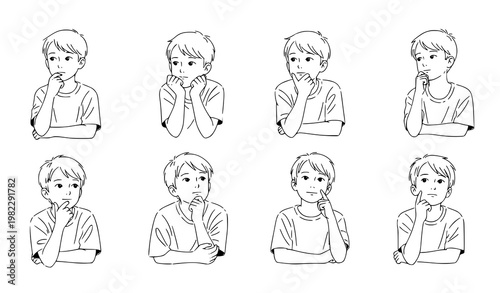 Black and white boy sketch vector set thoughtful relaxed poses illustration