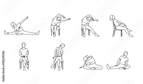 Seated exercise line art vector person stretching fitness yoga poses
