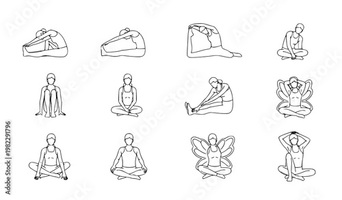 Seated fitness line art vector stretching exercise wellness poses set