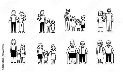 Minimal family people vector set black white line art couples seniors