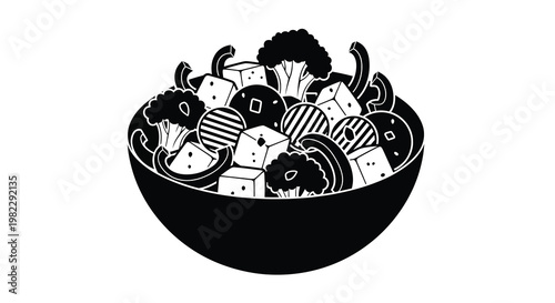A black and white illustration depicts a bowl filled with various healthy food items high quality