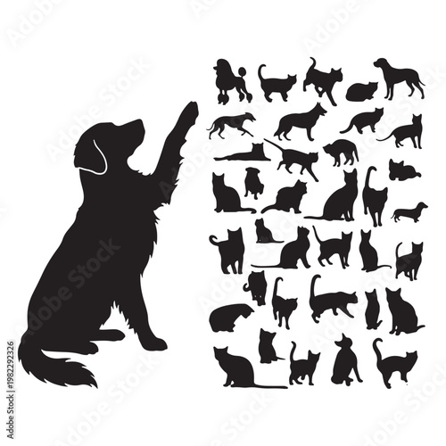 Black silhouette pet collection, 40 icons of dogs and cats in various poses, minimalist animal vector set for veterinary and pet care branding