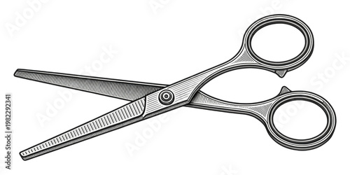 Professional hair thinning scissors illustration in woodcut style with serrated blade edge.