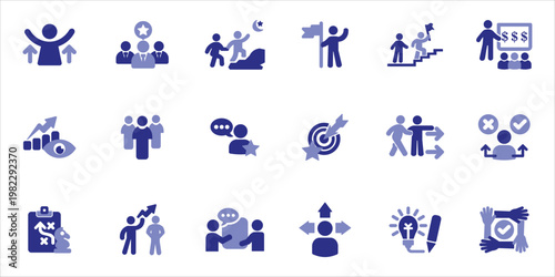 leadership icons set. leader, vision, team building, influence, motivation, confidence and more. simple colored vector