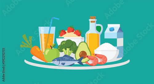 Healthy Food Plate with Fresh Vegetables, Fruits, Seafood, and Beverages for Nutrition and Healthy Eating Themes