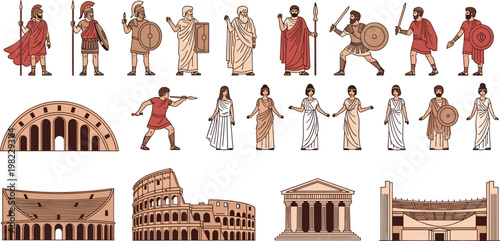Ancient Roman Soldiers, Gladiators, and Historical Landmarks with Colosseum, Temples, and Roman Architecture Illustrations