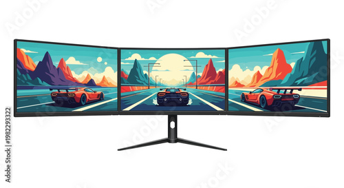 A large gaming monitor displays a vibrant racing game with a car speeding down a mountain road at sunset