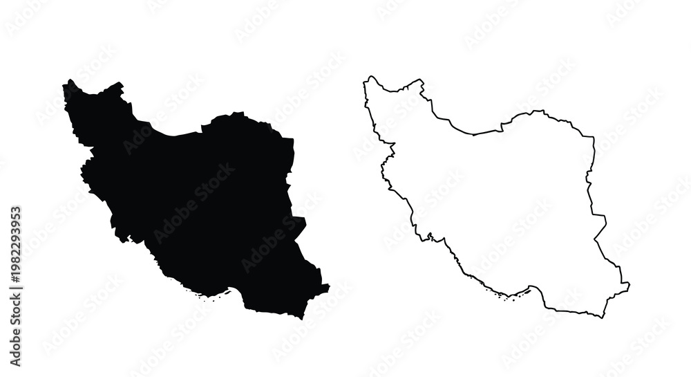 Fototapeta premium Two depictions of iran s map a solid black silhouette and a white outline version