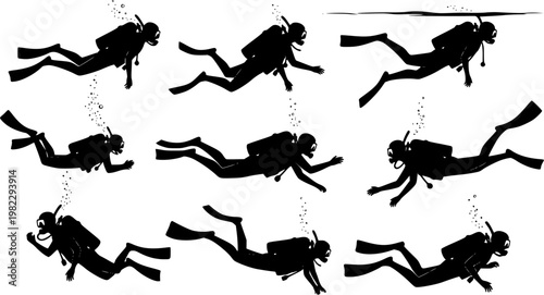 Flat vector silhouettes of scuba divers and snorkelers in various active underwater poses, swimming, diving, and, isolated on white background
