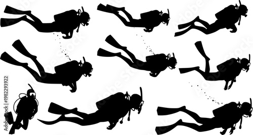Flat vector silhouettes of scuba divers and snorkelers in various active underwater poses, swimming, diving, and, isolated on white background
