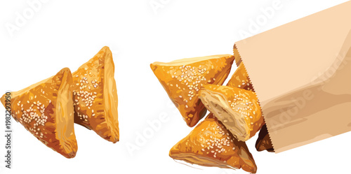 Crispy samosa snacks in paper bag, traditional fried pastry food, street food concept, delicious savory vector illustration