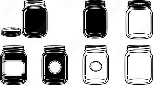 Flat vector illustration set of empty mason jars in various states, including open, closed, with lids, labels, and a, isolated on white background
