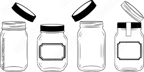 Flat vector illustration set of empty mason jars in various states, including open, closed, with lids, labels, and a, isolated on white background
