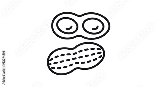 Peanut Vector Icon Illustration: Minimalist Black Line Art Design of a Whole Peanut in Shell and an Open Shell with Two Nuts, Ideal for Food Packaging, Healthy Snack Branding, and Graphics.