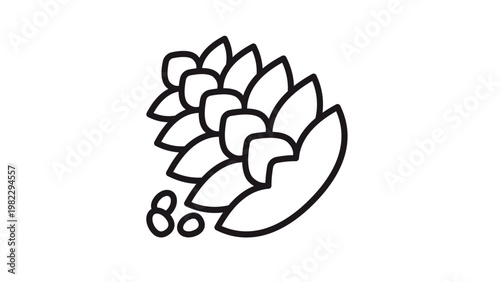 Pine Cone and Pine Nut Seeds Vector Icon Illustration, Minimalist Black Line Art Symbol of Conifer Fruit for Nature and Forest Design, Scalable Graphic Element Isolated on White Background