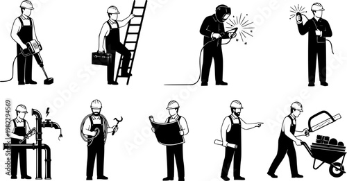 Flat vector illustration of various construction workers and tradesmen silhouettes in hard hats performing tasks like, isolated on white background
