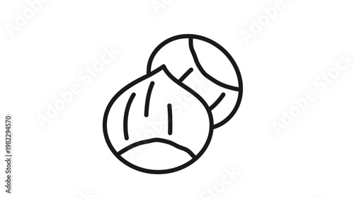 Minimalist Black Vector Icon Illustration of Two Hazelnuts, Simple Line Art Symbol for Organic Food, Healthy Snacks, and Natural Ingredients, Scalable Graphic for Web and Print Design.