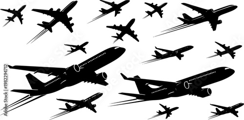 Collection of multiple black airplane silhouettes flying in various dynamic positions, depicting global travel and, isolated on white background
