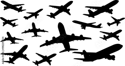 Collection of multiple black airplane silhouettes flying in various dynamic positions, depicting global travel and, isolated on white background
