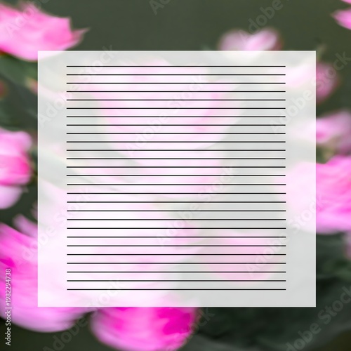 Soft pink floral blurred background with a translucent lined paper overlay. Elegant feminine writing template suitable for journaling, notes, invitations, or printable stationery design.