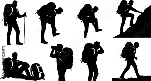 Flat vector black and white silhouettes of a rugged male hiker with a backpack, in various poses on an outdoor, isolated on white background
