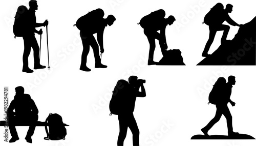 Flat vector black and white silhouettes of a rugged male hiker with a backpack, in various poses on an outdoor, isolated on white background

