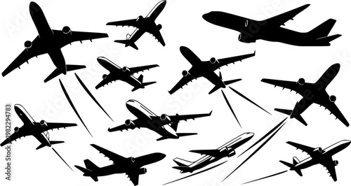 Collection of multiple black airplane silhouettes flying in various dynamic positions, depicting global travel and, isolated on white background
