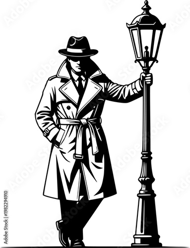 Mysterious male figure wearing a classic trench coat and dapper fedora hat leans against an antique street lamp, a flat, isolated on white background
