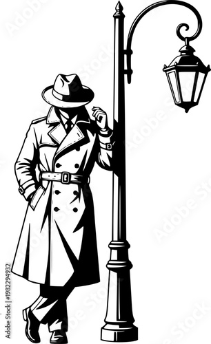 Mysterious male figure wearing a classic trench coat and dapper fedora hat leans against an antique street lamp, a flat, isolated on white background
