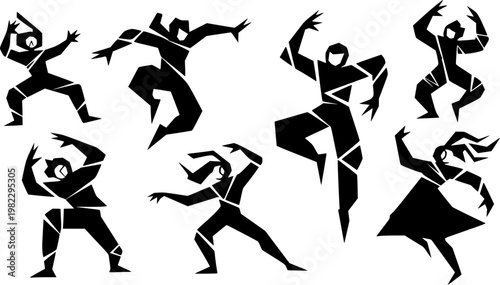 Abstract black geometric characters with human like limbs performing various dynamic poses, including jumping, dancing,, isolated on white background
