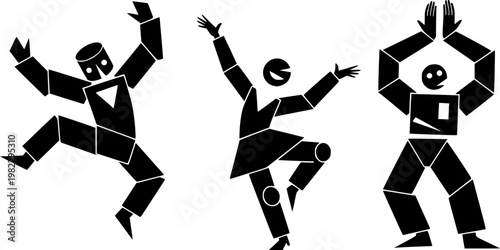 Abstract black geometric characters with human like limbs performing various dynamic poses, including jumping, dancing,, isolated on white background
