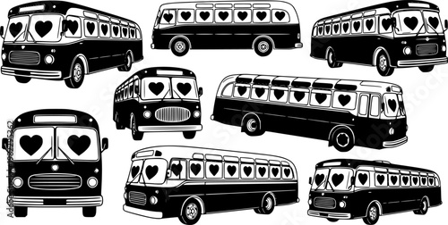 Black silhouette vintage buses with heart shaped windows, a charming collection symbolizing romantic travel and loving, isolated on white background
