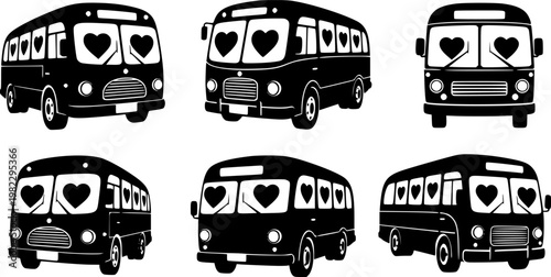 Black silhouette vintage buses with heart shaped windows, a charming collection symbolizing romantic travel and loving, isolated on white background

