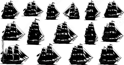 Collection of detailed black silhouette vector illustrations depicting classic three masted sailing ships with full, isolated on white background
