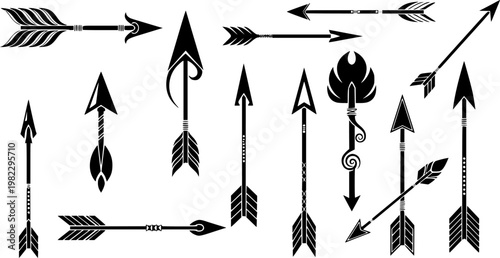 Diverse stylized black silhouette arrows, unique fletching, varied arrowheads, and distinct shaft designs, some with, isolated on white background
