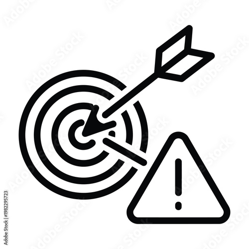 Target hit by arrow with warning sign depicting risk error problem failure or critical issue in business goals, accuracy