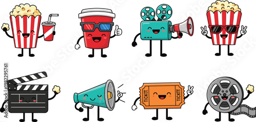 Cute cinema characters set with popcorn soda film reel and ticket, funny movie icons, entertainment mascot collection vector illustration
